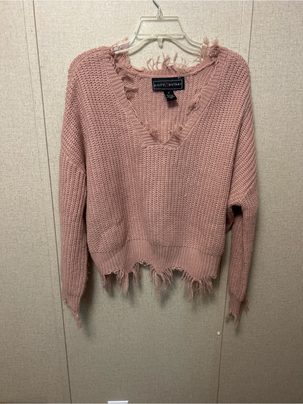 Polly & Esther Dusty Pink Distressed V-Neck Sweater